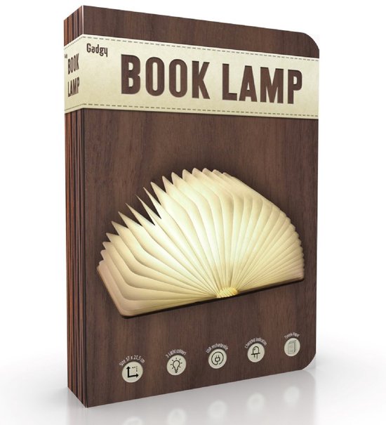 Lampe-livre Gadgy avec couverture en bois et pages ouvertes et éclairées. "BOOK LAMP" est écrit sur l'emballage.