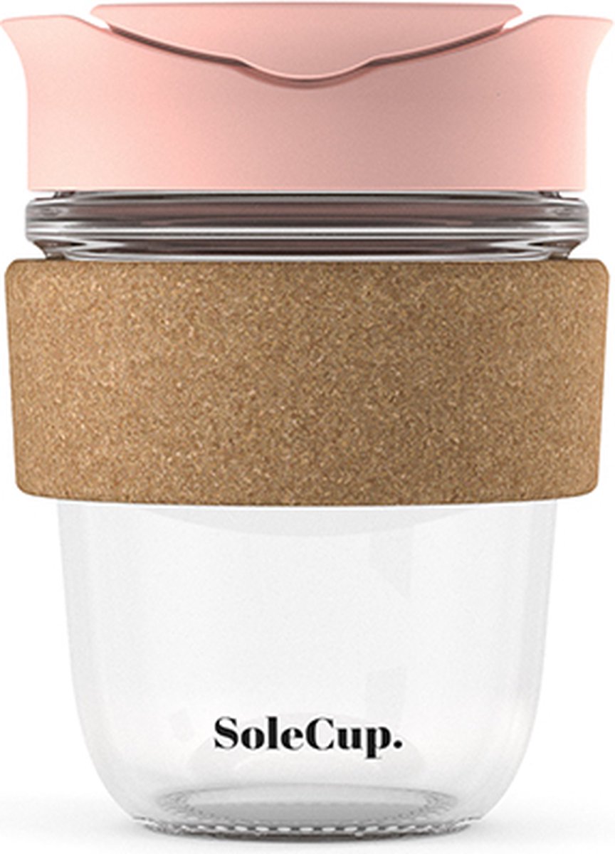 Solecup koffie beker to go glas/ kurk - 340 ml - roze