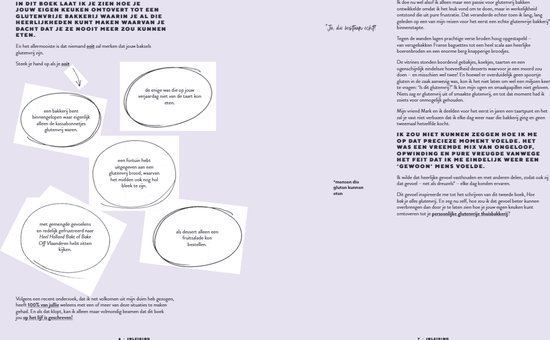 Boekpagina met tekst en illustraties van gebak en concepten voor glutenvrij bakken