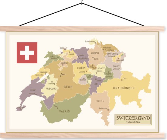 Posterhanger incl. Poster - Schoolplaat - Politieke kaart van Zwitserland - 150x100 cm - Blanke latten