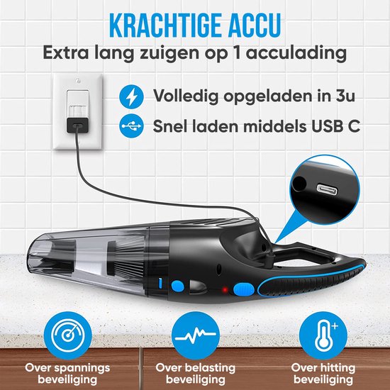 Strex Kruimeldief Draadloos & Snoerloos - Handstofzuiger voor Auto - Kruimelzuiger Nat & Droog - Mini Stofzuiger - 14000PA - HEPA Filter - LED Verlichting - Extra Krachtig - Autostofzuiger met Opzetstukken
