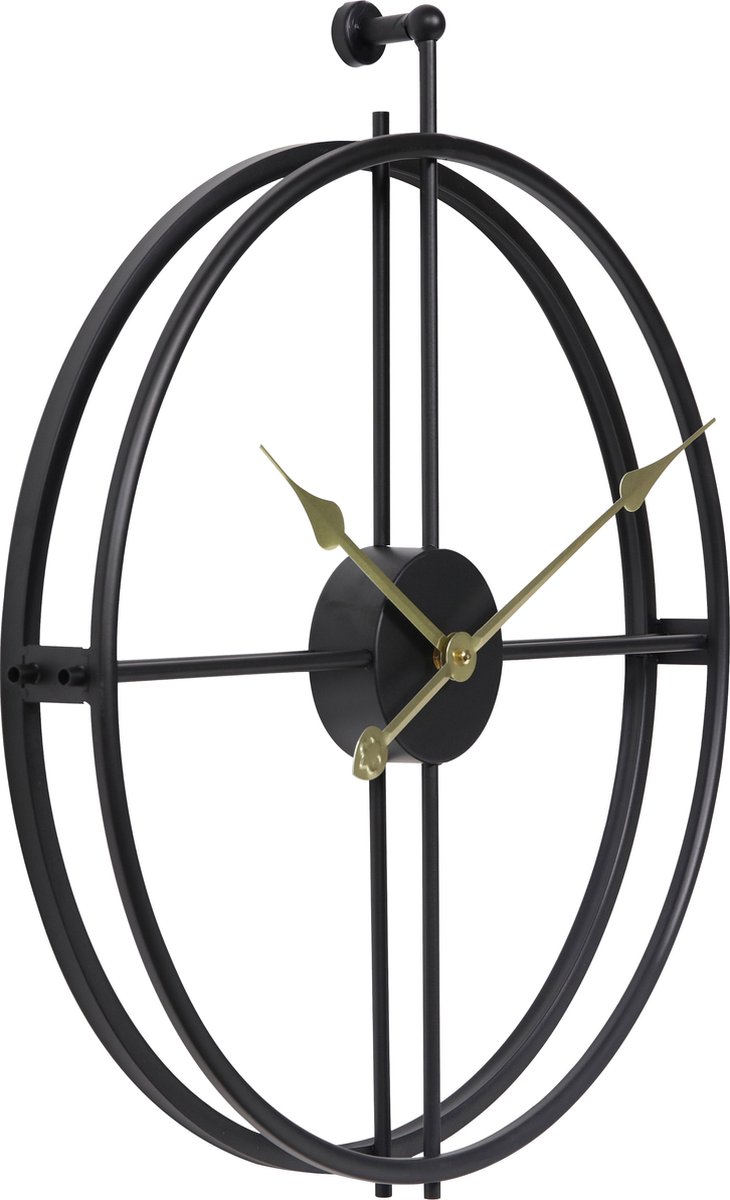 LW Collection moderne wandklok zwart met gouden wijzers 52cm - Grote industriële wandklok - minimalistische wandklok - wandklok industrieel