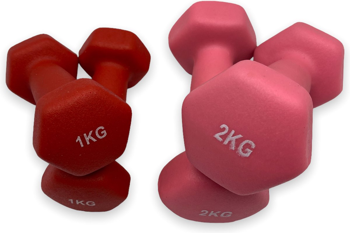 Dumbell - neopreen set 1 en 2 kg - dumbellset - fitness - halterset - rood roze - gewichten set 1 kg - gewichtjes 2 kg - fitness gewichten 1 en 2 kg