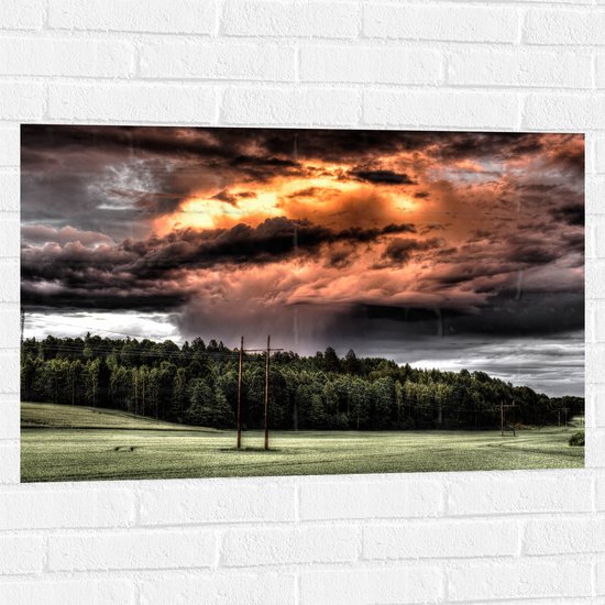 WallClassics - Muursticker - Zon achter Regenwolken boven Bos - 90x60 cm Foto op Muursticker