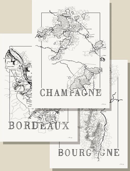 Posters zwart wit - Set Frankrijk - Bourgogne - Champagne - Bordeaux