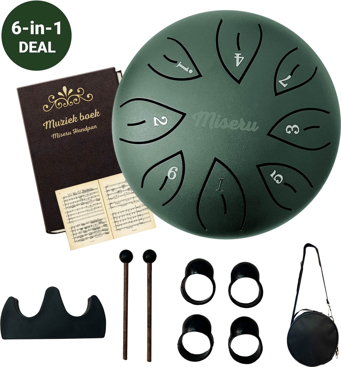 Miseru Handpan Groen - 6 IN 1 DEAL - Tonguedrum - Drum met Muziekboek - Klankschaal - Lotus drum - Steel Tonguedrum - Muziektherapie -16 cm - Miseru