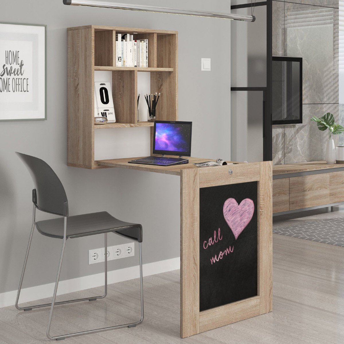 Meubel Square - Bureau kinderen VELA - Wandbureau - Licht Eiken - Met Krijtbord - Thuiswerk - Kinderbureau