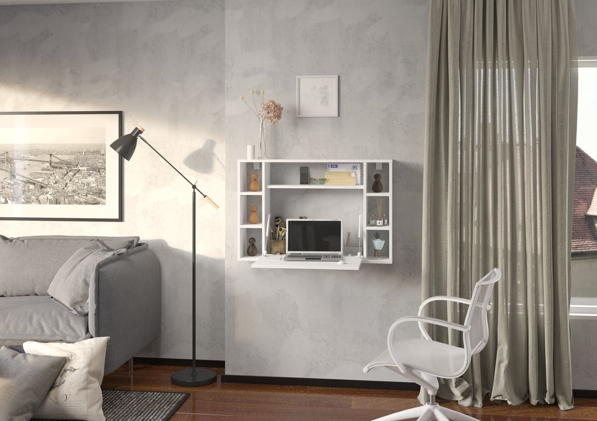 Meubel Square - Bureau VOLANS - Wit - Thuiswerk - Wandbureau - Wandtafel