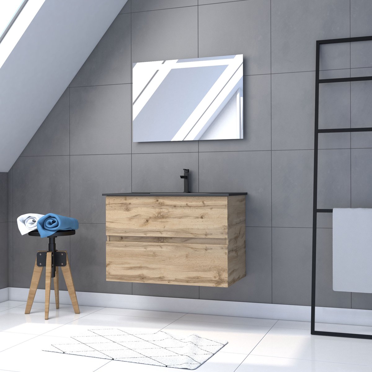 Meuble salle de bain 80x54 - Finition chene naturel + vasque noire + miroir Led - TIMBER 80 - Pack12