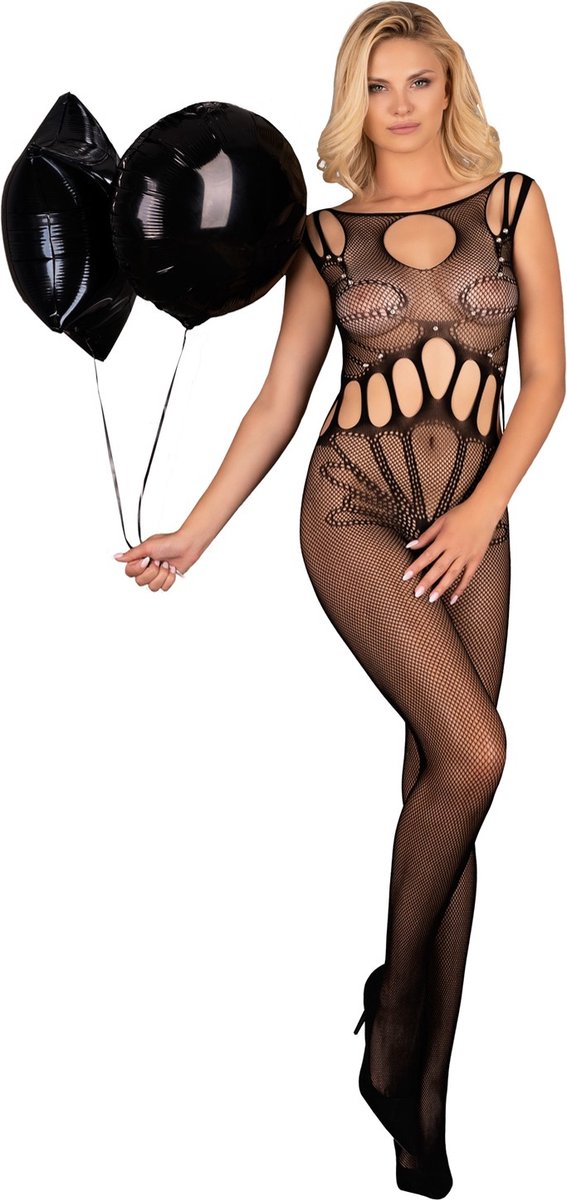 Livco Corsetti - Erotische Bodystocking / Catsuit met Open Kruis - Sexy Lingerie - Erotische Lingerie - Maat S t/m L - Amahil - Zwart - S/M