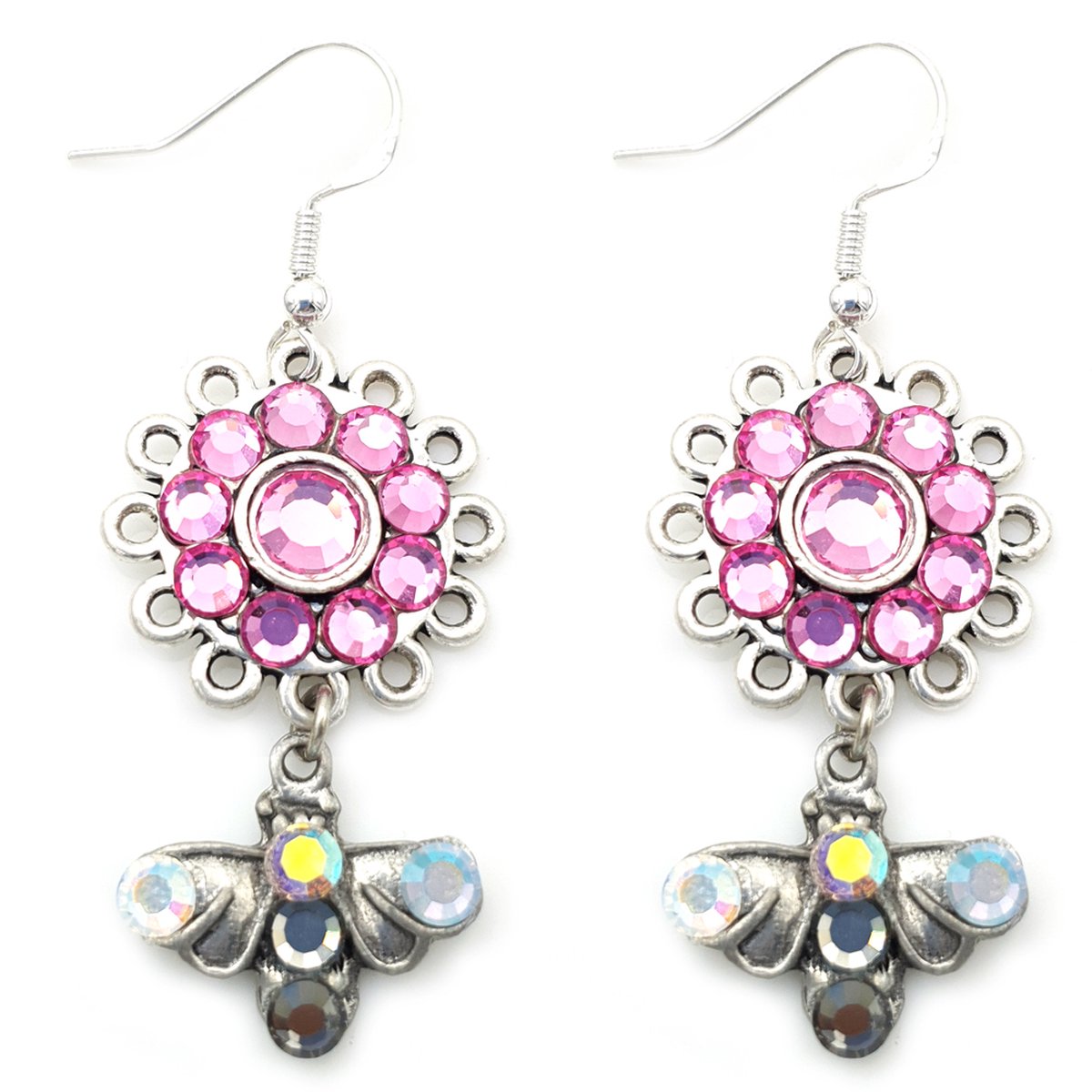 Oorhangers met zilveren haakje en oud zilver-look hanger met Swarovski kristal elementen bloem en vlinder roze