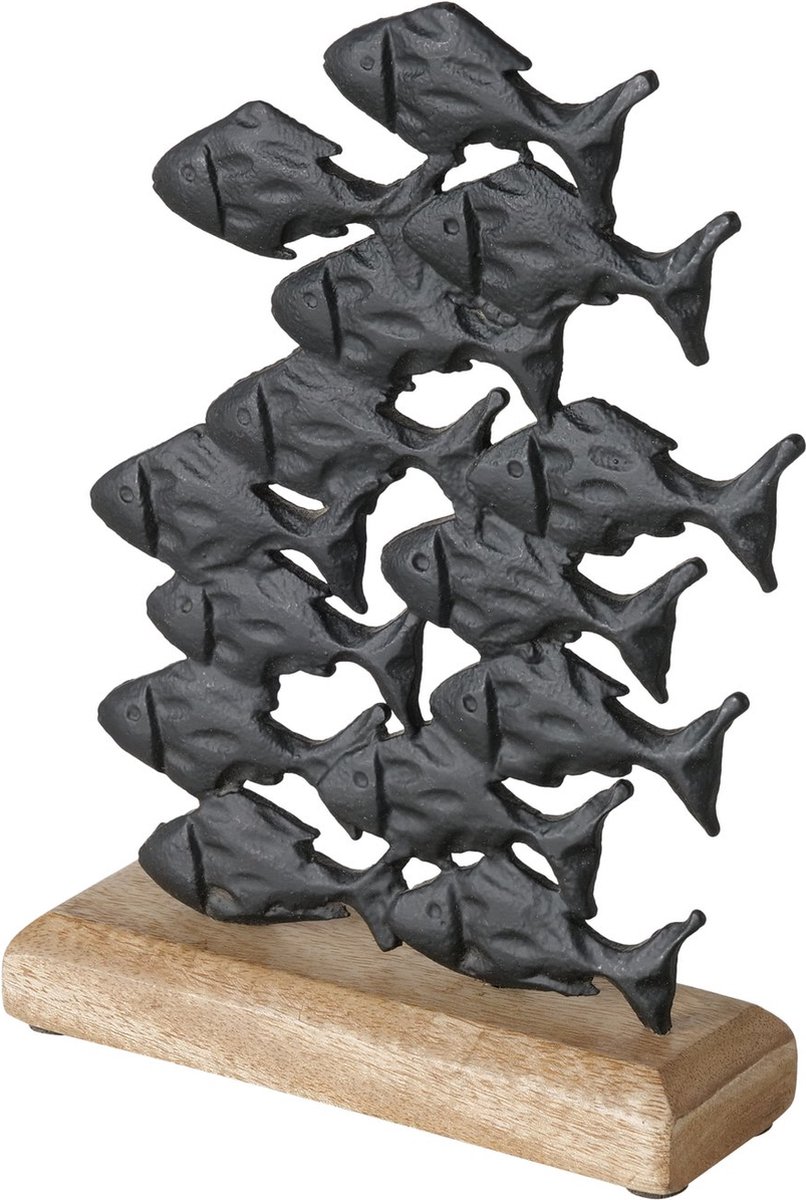 Boltze Home decoratief beeld Kala vissen aluminium zwart H22cm op mango houten voet