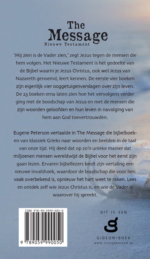 Boekomslag met de titel 'The Message Nieuwe Testament'. Tekst over Jezus Christus en de Bijbel.