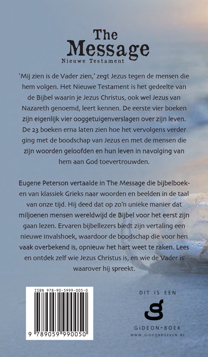 Boekomslag met de titel 'The Message Nieuwe Testament'. Tekst over Jezus Christus en de Bijbel.