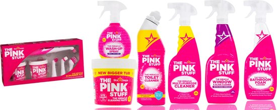 Foto: The pink stuff the miracle scrubber kit the pink stuff mega set groot assortiment inclusief cream cleaner schoonmaakpasta multi reinigingsspray vloer reiniger badkamer spray glasreiniger toilet gel