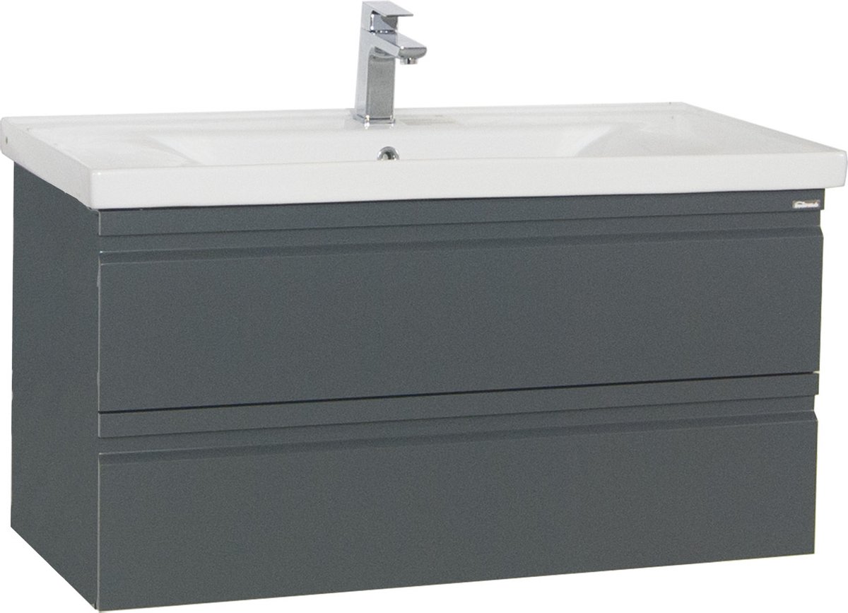 VCM 2-tlg. Waschplatz Waschtisch 100 cm Badmöbel Set Waschbecken grifflose Schublade Silora XL