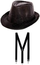 Folat - Verkleedkleding set - Glitter hoed/bretels zwart volwassenen