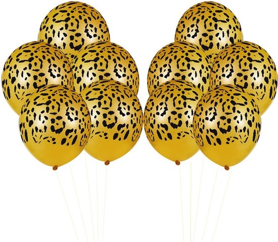 Tien gouden ballonnen met zwarte luipaardprint, gerangschikt in twee groepen van vijf.
