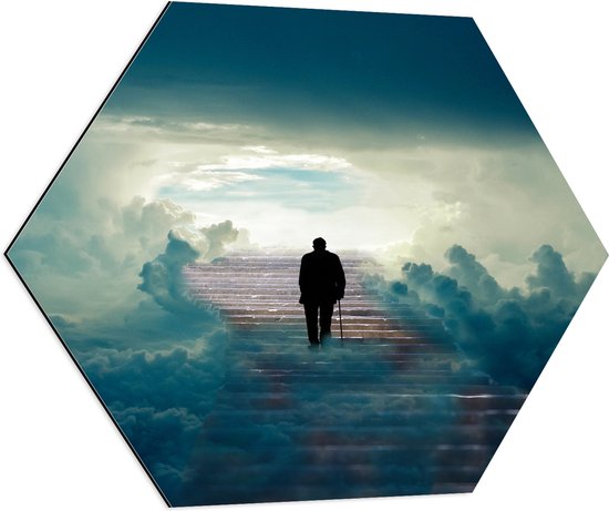WallClassics - Dibond Hexagon - Man lopend op Trap naar Wolken - 70x60.9 cm Foto op Hexagon (Met Ophangsysteem)