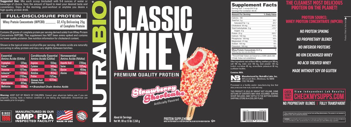 NutraBio Classic Whey Protein - Strawberry Shortcake - 2300 gram
