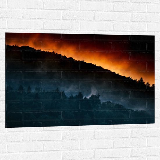 WallClassics - Muursticker - Grote Bosbrand achter Berg - 105x70 cm Foto op Muursticker