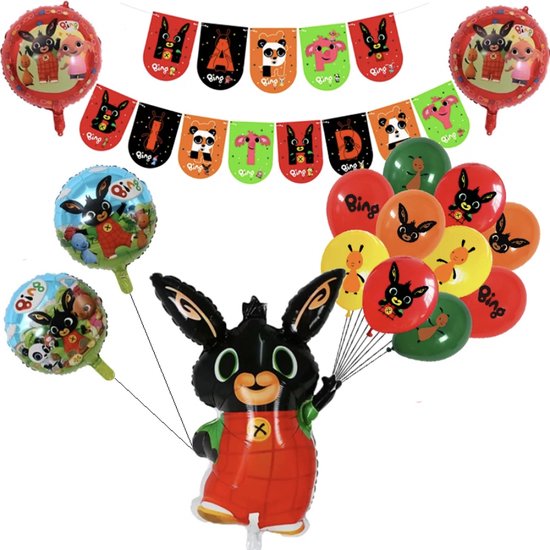Bing Feestpakket - Ballonnen & Slinger - Feestversiering / Verjaardag Versiering - Thema: Bing Het Konijn - Happy Birthday Slinger - Bing Versiering Kinderfeestje - Luxe Feestpakket / Hoge Kwaliteit - Themafeest Bing