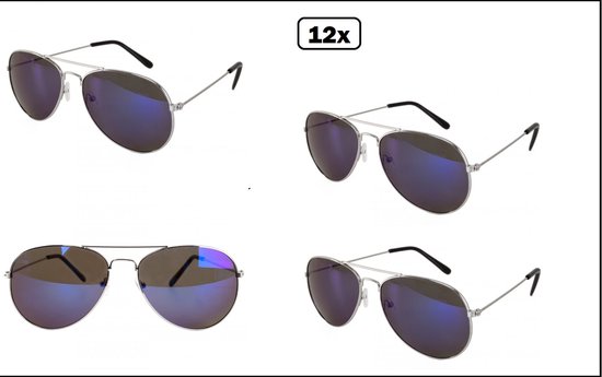 12x Bril luxe spiegelglas blauw glas - Police - Piloot - Race - piloot race politie usa bril carnaval thema feest party stoer macho festival