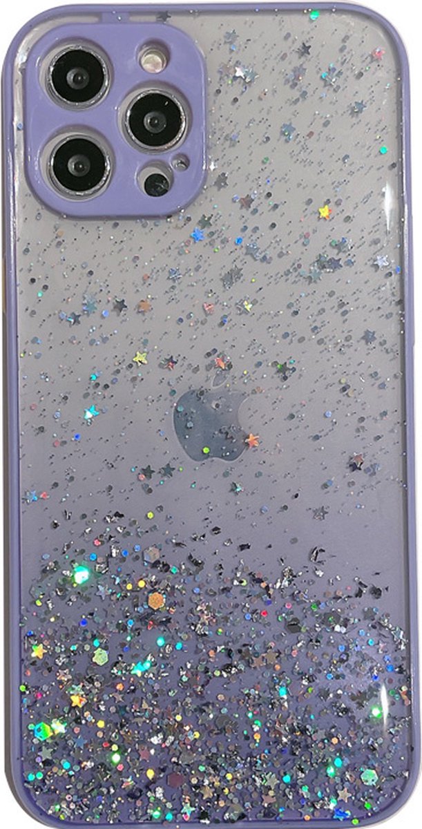 Hoesje geschikt voor iPhone 14 - Backcover - Camerabescherming - Glitter - TPU - Paars
