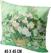 Allernieuwste® Kussen Vaas met Roze Rozen Vincent Van Gogh - Kussenhoes polyester peach skin Perzikhuid - Kussenovertrek - Kleur Groen 45 x 45 cm