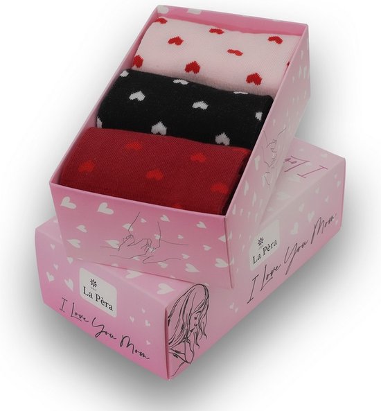 3 Paar Hartjes Sokken Dames Giftbox maat 39-42 - Valentijn Cadeautje voor haar - Moederdag Cadeau - Katoen