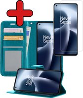 Hoesje Geschikt voor OnePlus Nord 2T Hoesje Book Case Hoes Portemonnee Cover Walletcase Met Screenprotector - Hoes Geschikt voor OnePlus Nord 2T Hoes Bookcase Hoesje - Turquoise