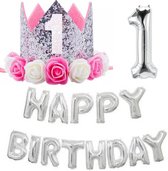 Cakesmash eerste verjaardag set Happy Birthday roze met zilver en wit - eerste - 1e verjaardag - 1 - hoedje - ballon - decoratie