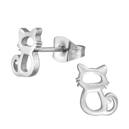 Oorstekers - oorbellen - Kat - Cat - chirurgisch rvs - zilverkleurig - 8,5 mm