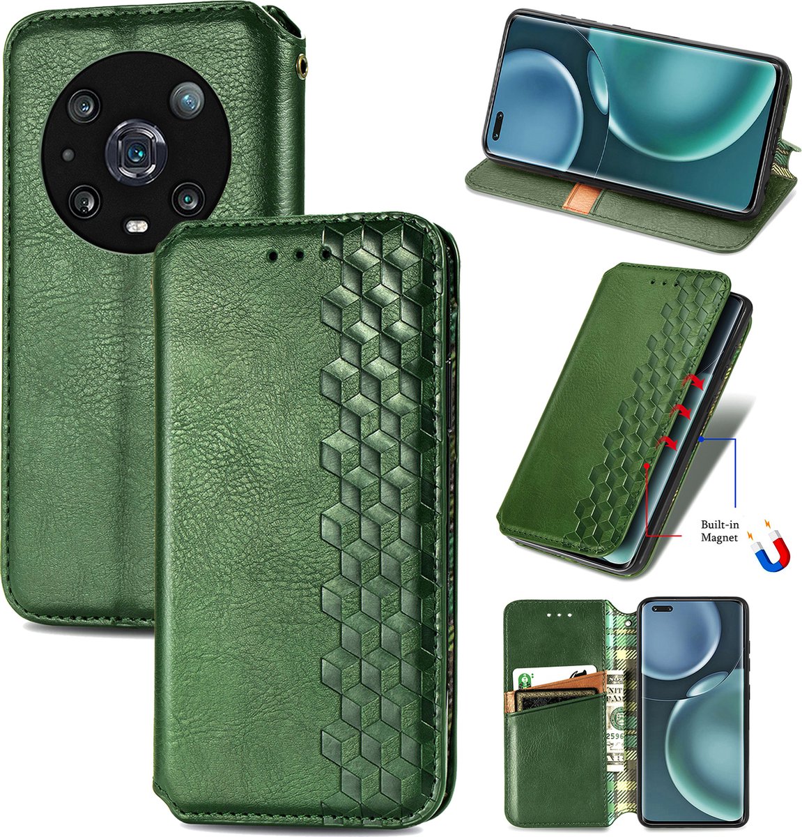 Luxe PU Lederen Ruitpatroon Wallet Case voor Honor Magic 4 Pro _ Groen