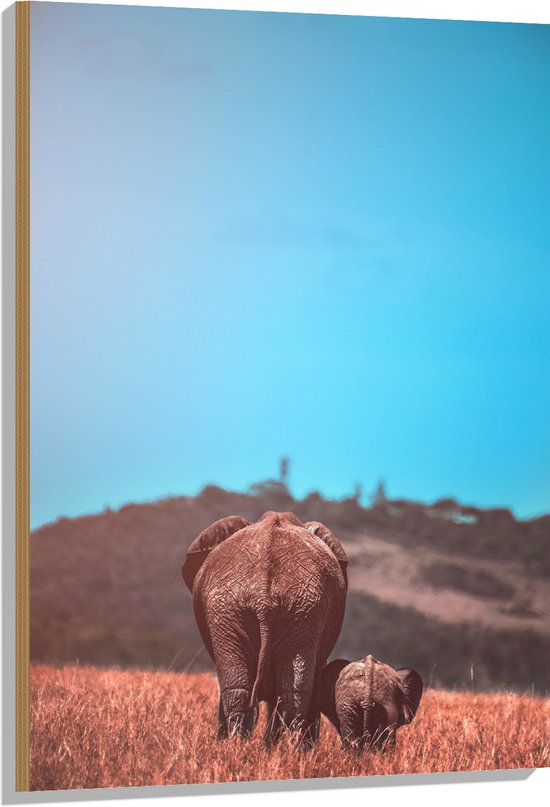 WallClassics - Hout - Moeder en Baby Olifant tussen het Hoge Gras - 70x105 cm - 9 mm dik - Foto op Hout (Met Ophangsysteem)