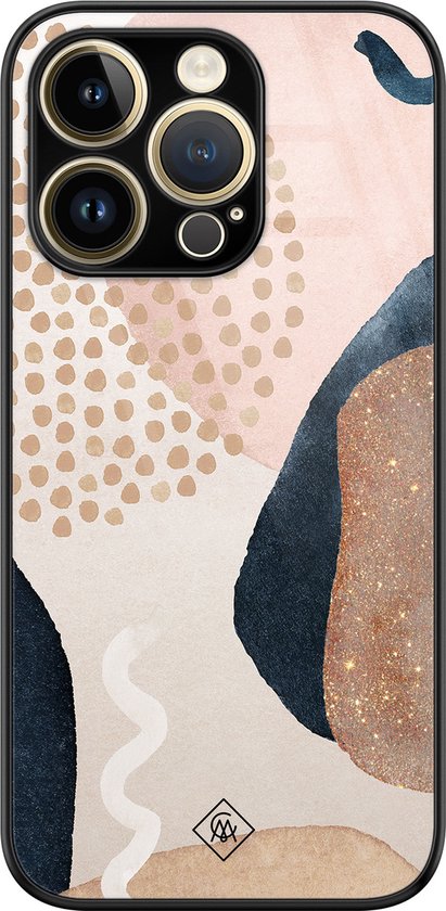 Coque iPhone 14 Pro Max en verre - Pois abstraits - Marron / beige - Hard Case Zwart - Coque arrière pour téléphone - Motif géométrique - Casimoda