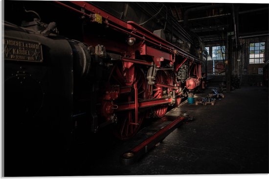WallClassics - Acrylglas - Locomotief zwart met rood - 60x40 cm Foto op Acrylglas (Wanddecoratie op Acrylaat)