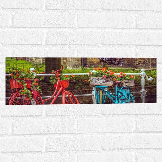 WallClassics - Muursticker - Rode en blauwe Fiets met Bloemen bij wit Hek voor de Gracht - 60x20 cm Foto op Muursticker