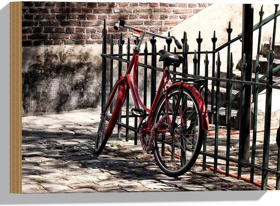 WallClassics - Hout - Rode fiets voor groen Hek - 40x30 cm - 9 mm dik - Foto op Hout (Met Ophangsysteem)