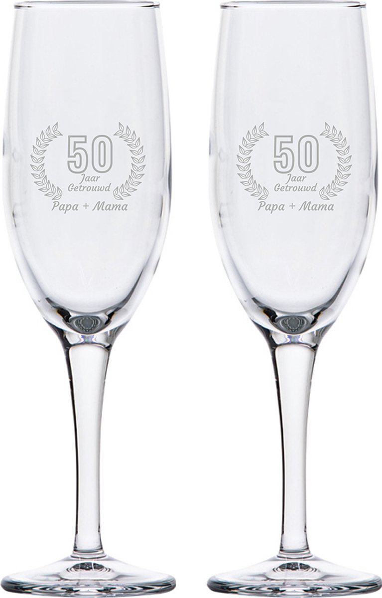 Gegraveerde set champagneglazen 16,5cl Papa + Mama 50 jaar getrouwd