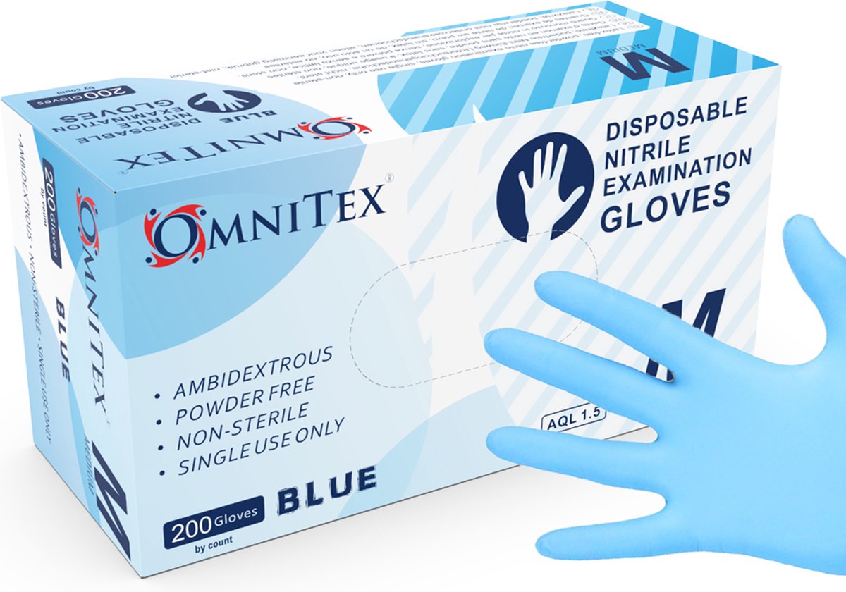 Goedkoopste Omnitex Premium 200st. Blauwe Nitrilhandschoenen | Maat M | Poedervrij | Latexvrij | Voedselveilig | EN455 EN374 EN420 | CE & UKCA Cat3-klasse