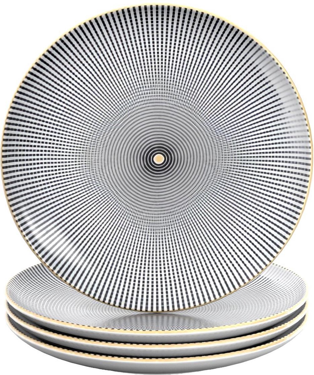 Intirilife 4x Porseleinen bord motief Endless - Zwart Wit - Diameter 20.5 cm - Ontbijtbord Dessertbord Serveerbord voor salade Fruit Pasta Dessert Hoofdgerecht en snacks
