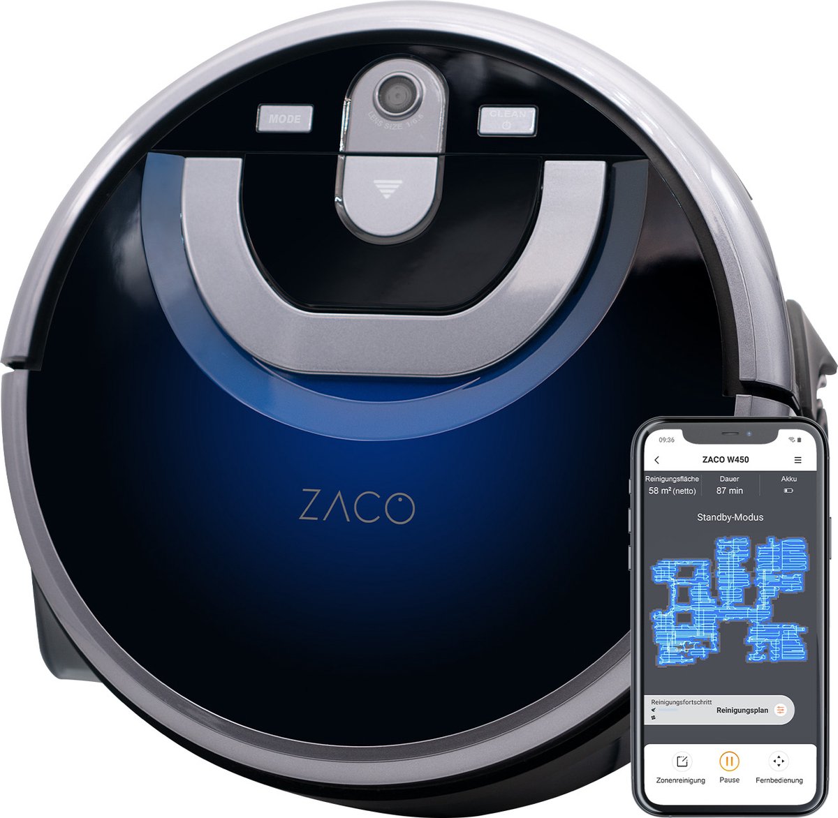 ZACO W450 - dweilrobot met aparte schoon- en vuilwatertank - 80min dweilen - met laadstation - bediening met App, Alexa, Google Home - automatisch dweilen - voor harde vloer, houten vloer, parket - intelligente navigatie - tapijtdetectie