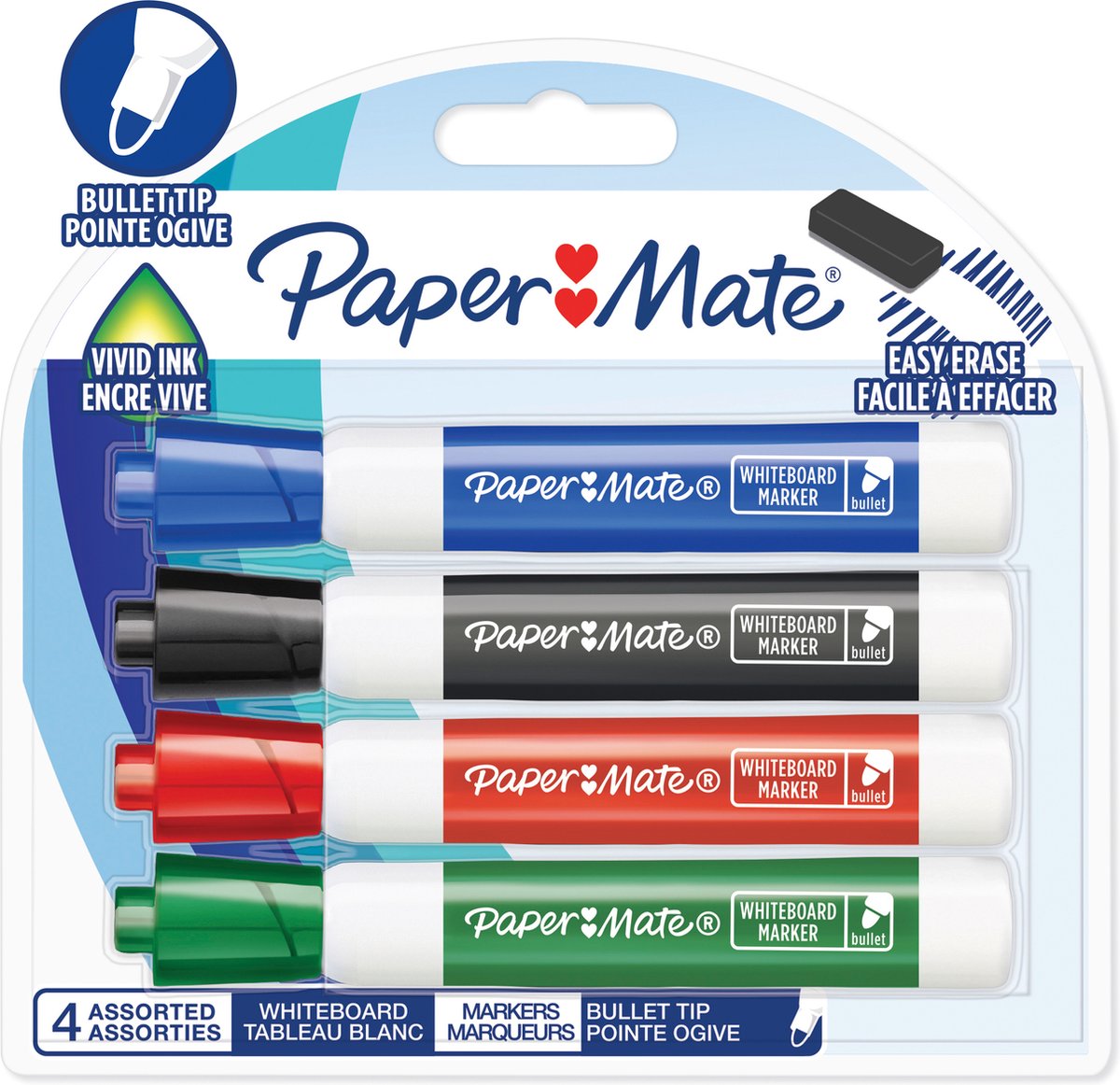 Paper Mate-whiteboardmarkers | Geurarme | kogelvormige punt | Diverse inktkleuren | 4 stuks uitwisbare pennen