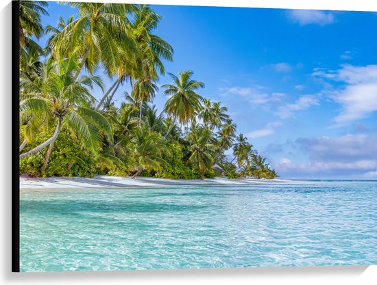 Canvas - Tropisch Strand met Palmbomen - 100x75 cm Foto op Canvas Schilderij (Wanddecoratie op Canvas)