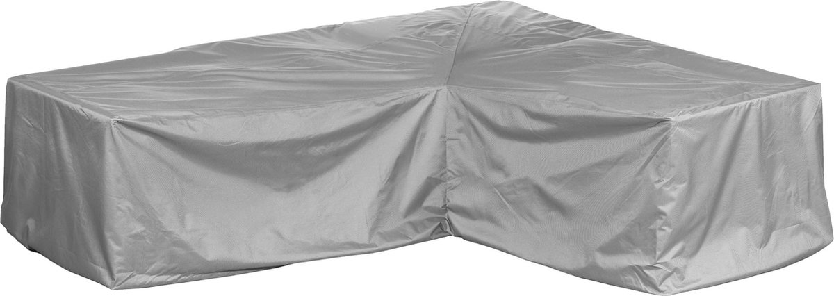 Beschermhoes voor loungeset L-vorm asymmetrisch | 195 x 255 x 80 cm | lange zijde gezien van rechts in zittend perspectief |polyesterweefsel, Kleur: taupe (lichtgrijs)