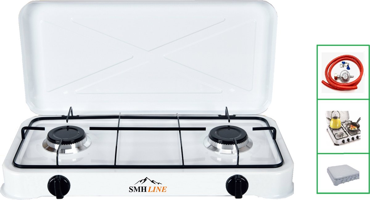 SMH LINE® Gas kooktoestel 2 pits XL - Camping kooktoestel - Gaskomfoor - Incl. Gasslang set
