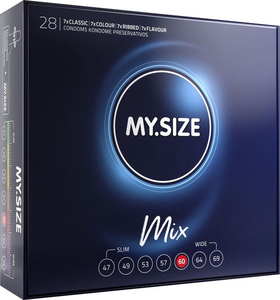 Doos met 28 MY.SIZE Mix condooms, inclusief 7x classic, 7x colour, 7x ribbed, 7x flavour. Maat 60.