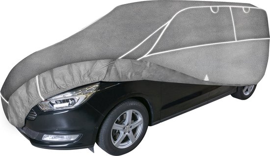 Housse de voiture Walser grise sur une voiture noire, avec des lignes d'accentuation blanches.