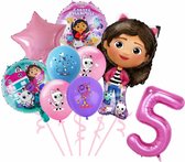 Gabby's Poppenhuis - 5 Jaar - Ballonnenset- 9 Stuks - Gabby's Dolhouse - Feestversiering - Kinderfeestje - Verjaardagsfeestje - Helium ballon - Roze / Paarse / Blauwe Ballon - Happy Birthday